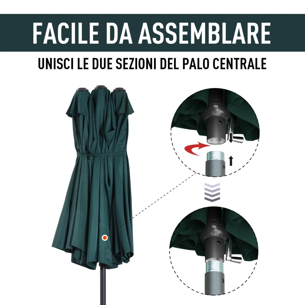 EasyComfort Ombrellone da Giardino Doppio con Apertura a Manovella, in Acciaio e Poliestere, 455x265x238cm, Verde Scuro