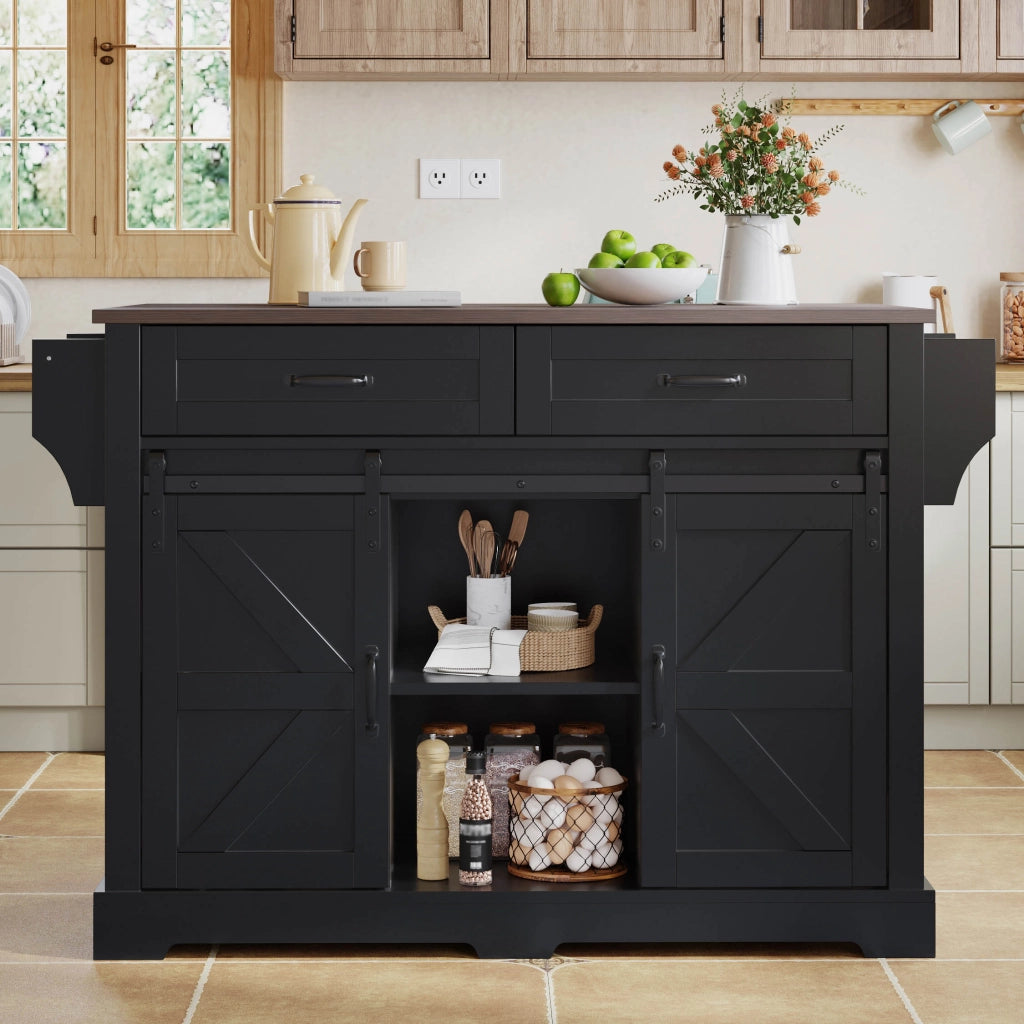 Carrello da Cucina con 2 Ante Scorrevoli; 2 Cassetti; Piano Ribaltabile e Ripiani Regolabili in MDF 120x45x91 cm Nero