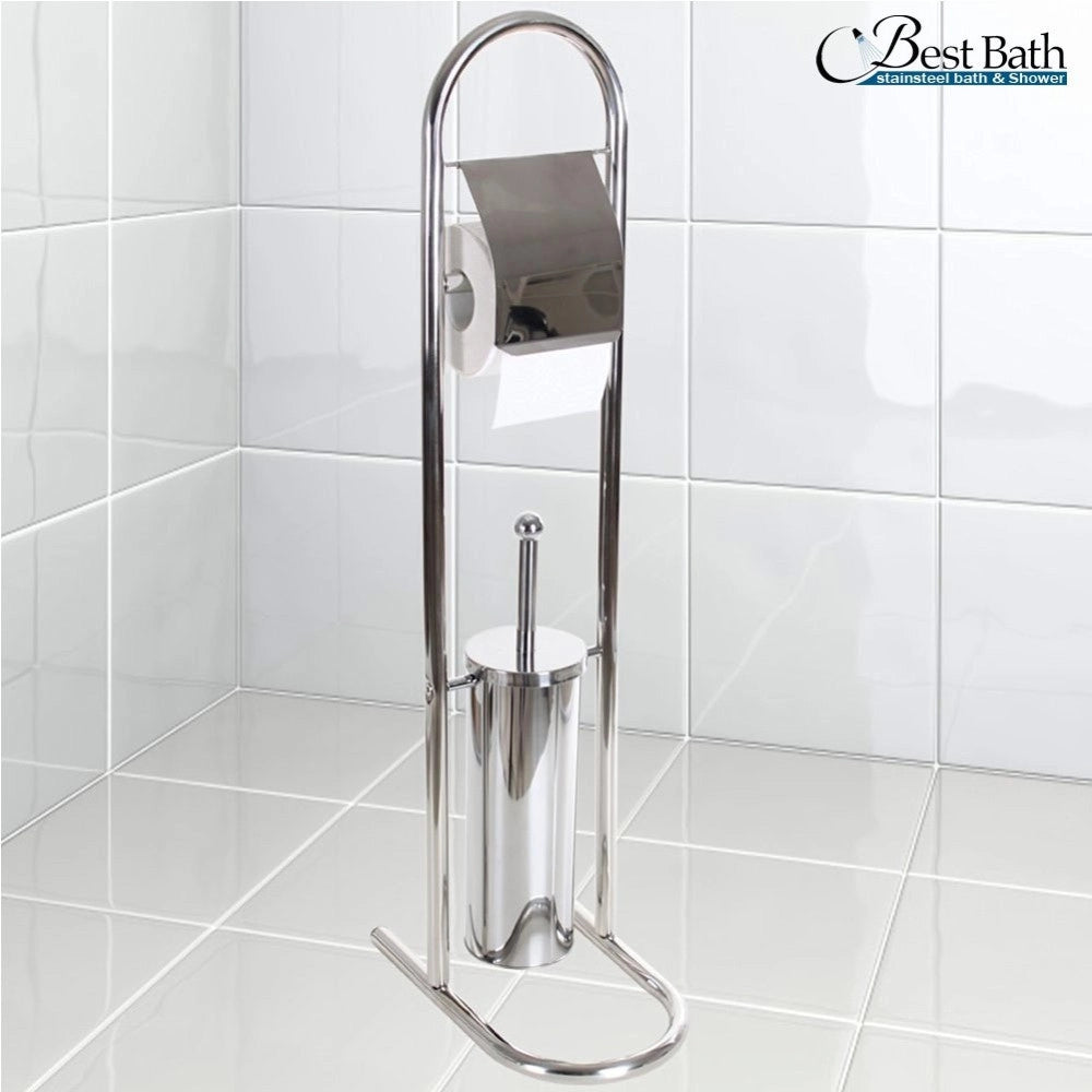 Trade Shop - Piantana Porta Rotolo Con Scopino Da Bagno Metallo Lucido Cromato Bagno Wc 80 Cm -
