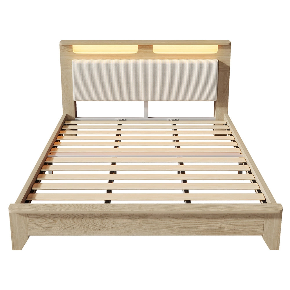 Letto matrimoniale-Xylo-180x200 cm-LED, testiera velluto, quercia chiaro, senza materasso
