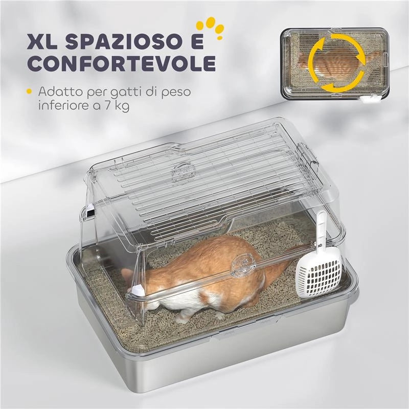 LETTIERA PER GATTI GRANDI IN ACCIAIO INOX CON COPERCHIO RIBALTABILE, PALETTA E DEODORANTE, GRIGIO CHIARO