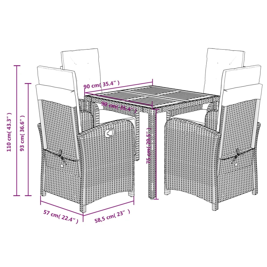 Set da Pranzo da Giardino 5 pz Nero con Cuscini in Polyrattan 3212475