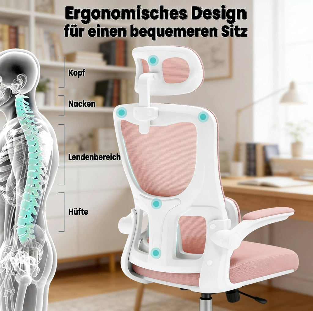Sedia da ufficio ergonomica rosa con rete, poggiatesta e funzione dondolo