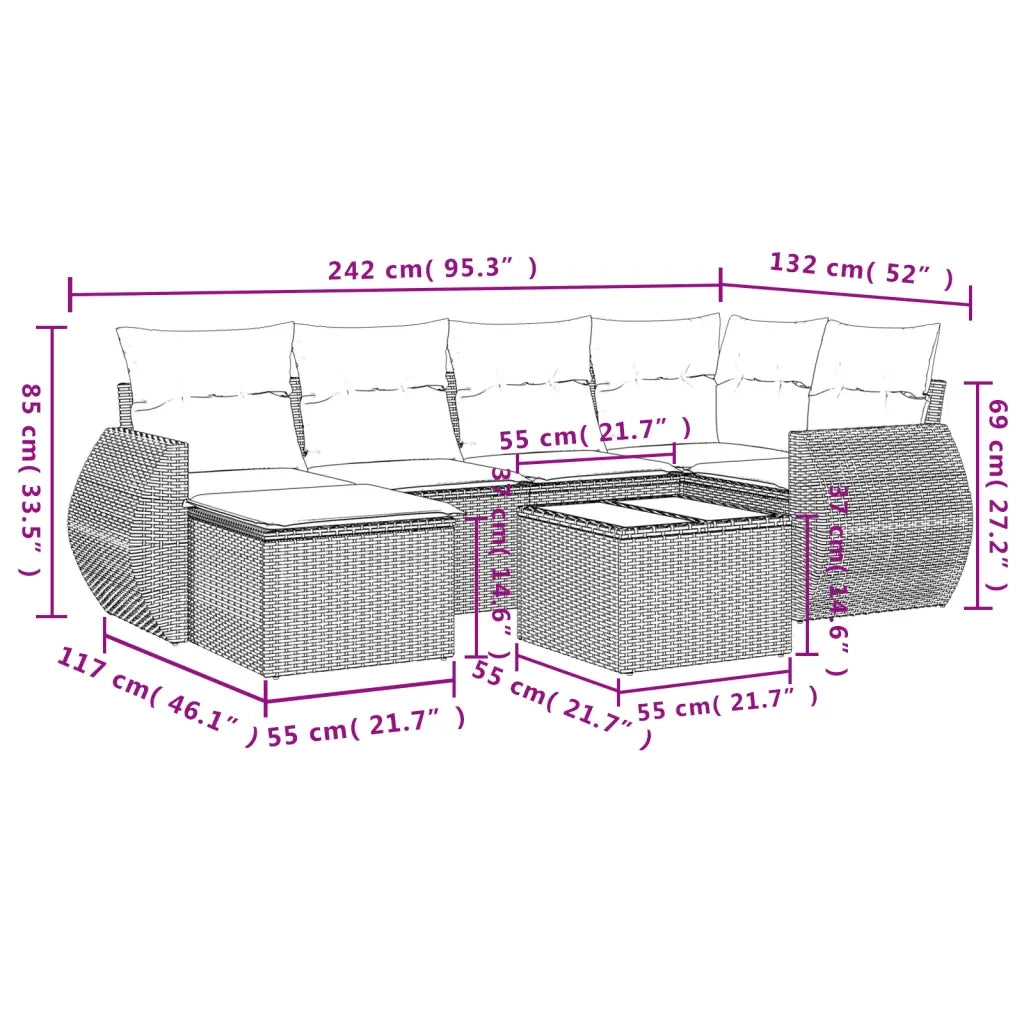 Set Divani da Giardino 7 pz con Cuscini Grigio in Polyrattan