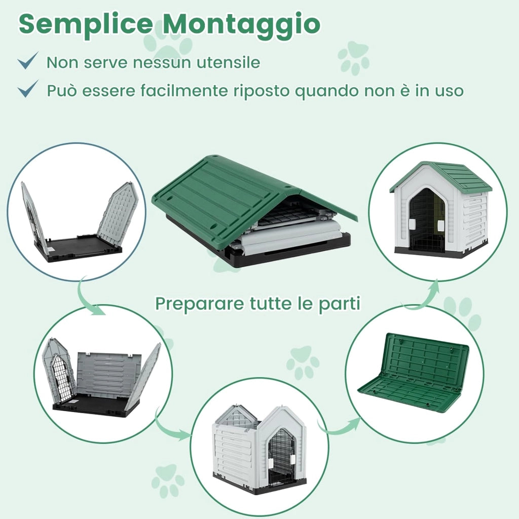Cuccia per Cani da Esterno ed Interno, Cassetta per Cani Impermeabile con Porta in Metallo Bloccabile e Prese d'aria e Tetto Spiovente, Cucce per Cuccioli per Casa, 66,5 x 52 x 60 cm (Verde)