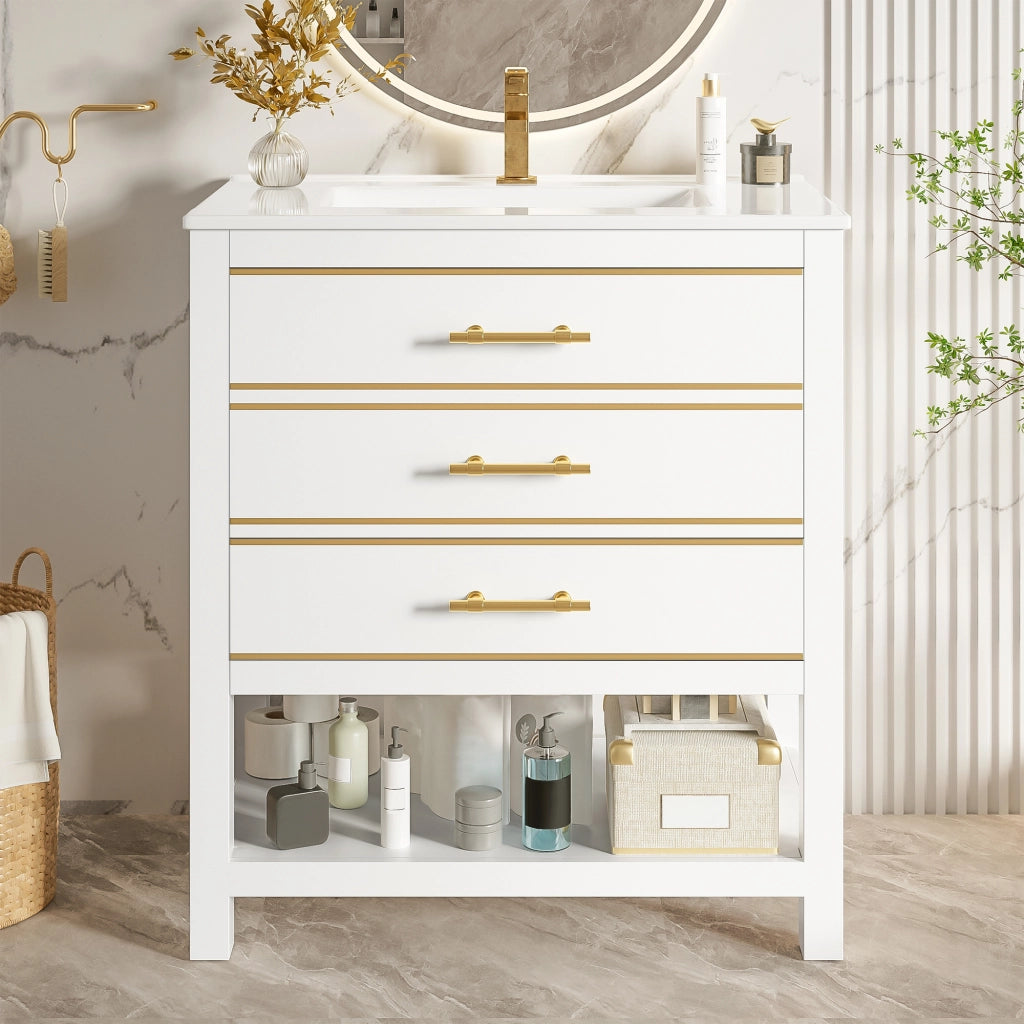 Mobile sottolavabo con lavabo in ceramica, 2 cassetti e vano aperto in MDF laccato bianco oro 76 × 46,5 × 86 cm