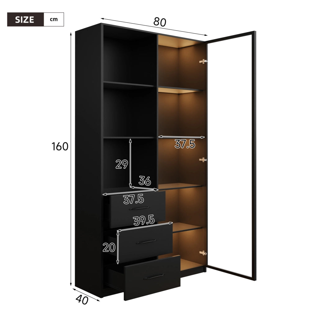 Vetrina LED alta 80x40x160 cm in pannello truciolare nero con porta in vetro temperato