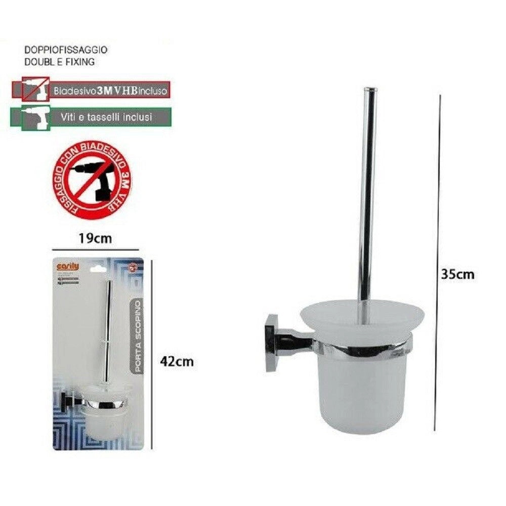 Trade Shop - Porta Scopino Wc Completo Vetro Satinato Fissaggio A Parete Bagno Square 59193 -