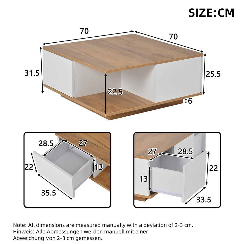 Tavolino da caffè quadrato 70 x 70 x 31;5 cm con 3 cassetti; bianco e legno
