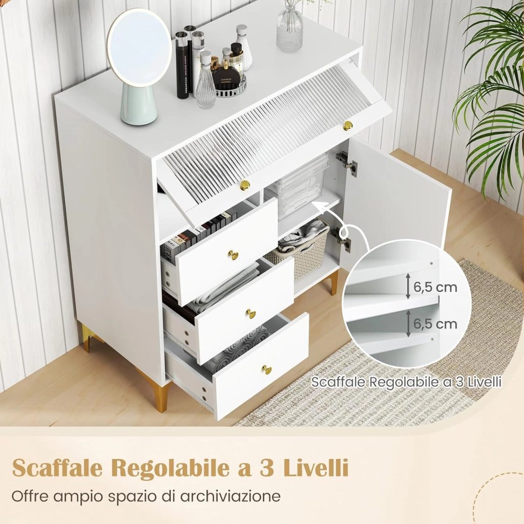 Cassettiera Credenza Camera da Letto a 3 Cassetti, Mobile con Ante e Scomparto con Vetrina Ribaltabile, Comò per Ingeresso, Soggiorno e Cucina, 80 x 40 x 95,5 cm, Bianco