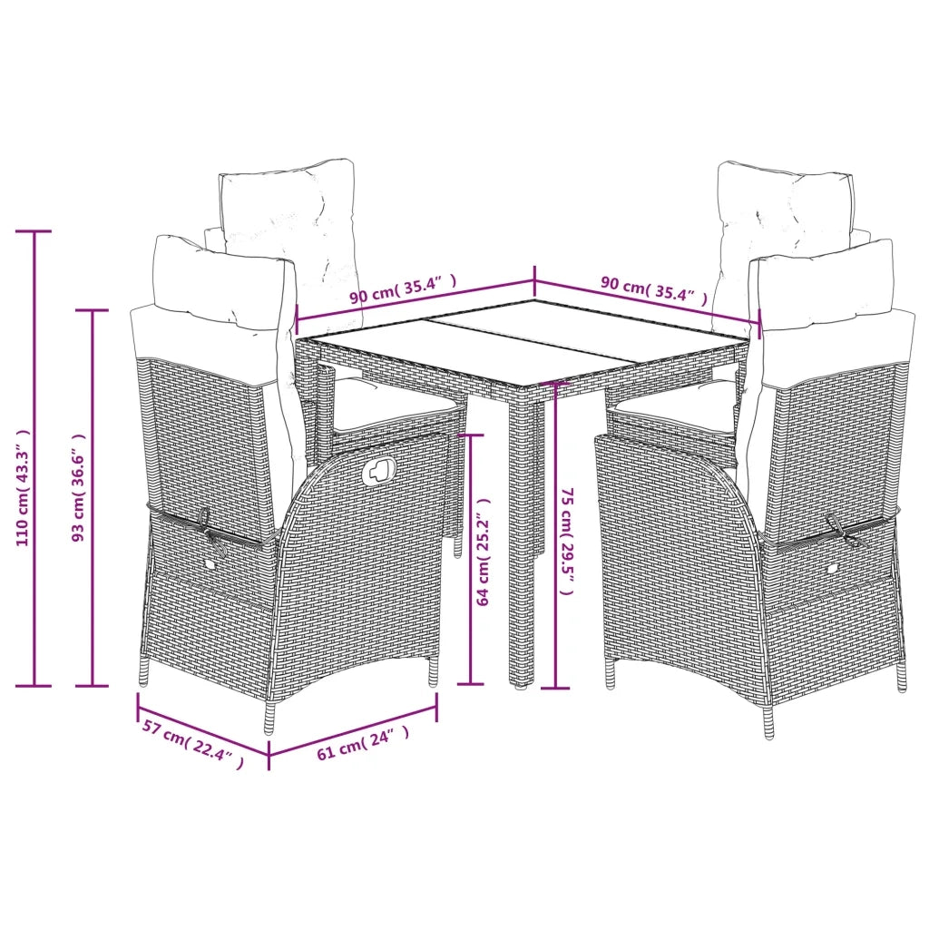 Set da Pranzo da Giardino 5 pz Nero con Cuscini in Polyrattan