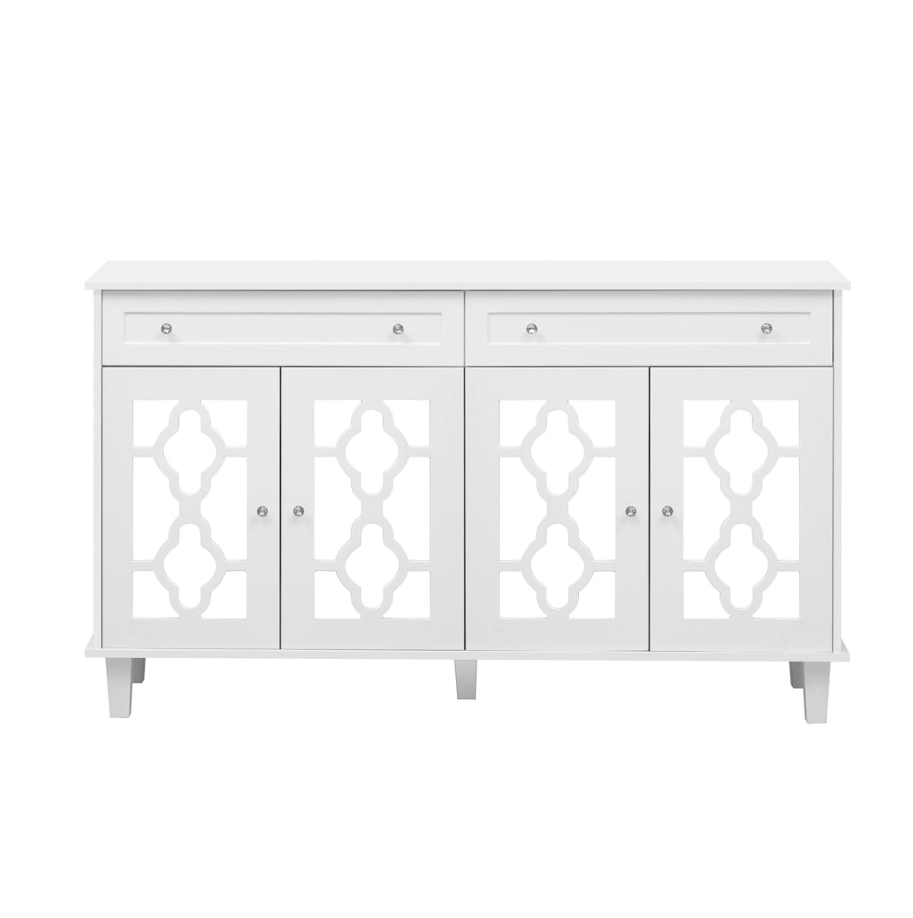 Credenza 140x40x83 cm con 4 ante a specchio; cassetti e ripiano regolabile; MDF bianco