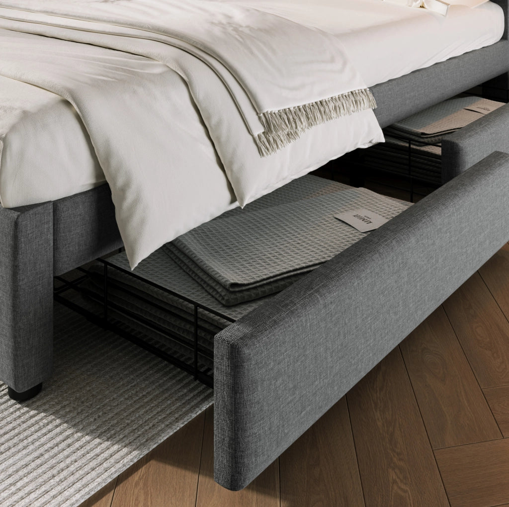 Letto imbottito 140x200 cm con 4 cassetti; testiera regolabile; USB e Type-C; grigio