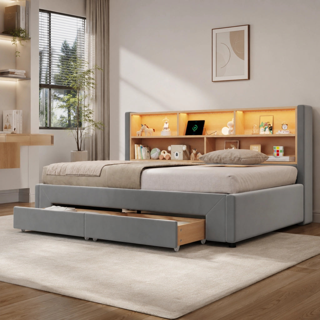 Letto a Divanetto Estraibile 90x200 cm; USB; Type-C; LED; Cassetti; Vani; in Velluto; Grigio