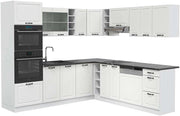 Cucina angolare completa R-Line, Bianco casa di campagna, 247 x 60 cm, PL Antracite, per disposizione flessibile ed espansione modulare
