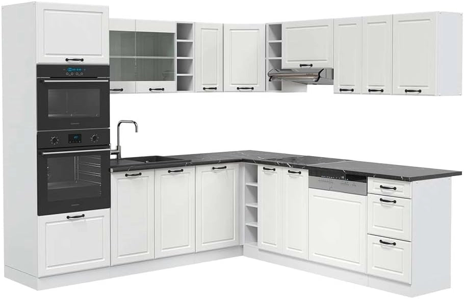 Cucina angolare completa R-Line, Bianco casa di campagna, 247 x 60 cm, PL Antracite, per disposizione flessibile ed espansione modulare