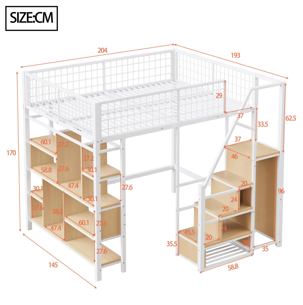 Letto a soppalco 140x200 cm in metallo e legno; con scala contenitore; bianco