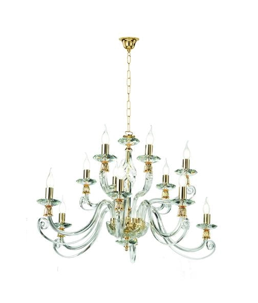 LAMPADARIO 1306 12 LUCI TRASPARENTE E ORO ATTACCO E14 D.100CM
