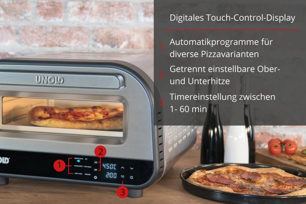 Unold 68816 Luigi Forno per Pizza elettrico 1700W pietra refrattaria cordierite 450°C controllo digitale colore Argento