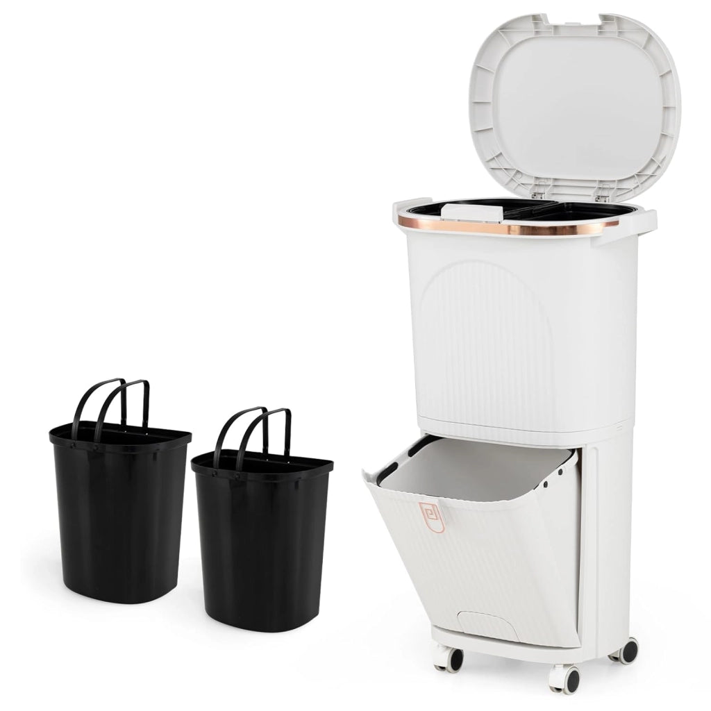 Pattumiera da cucina a 3 scomparti, 38 l, pattumiera con ruote, pattumiera a pedale con coperchio, pedale e manico, a doppio piano, in plastica, sistema di raccolta differenziata della