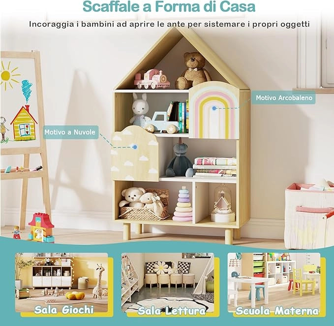 Scaffale per Bambini a Forma di Casa, Libreria Multiusa con 2 Ante, Sistema Anti-ribaltamento e Gambe in Legno per Sala Giochi Asilo Camera da Letto, 60 x 30 x 103 cm