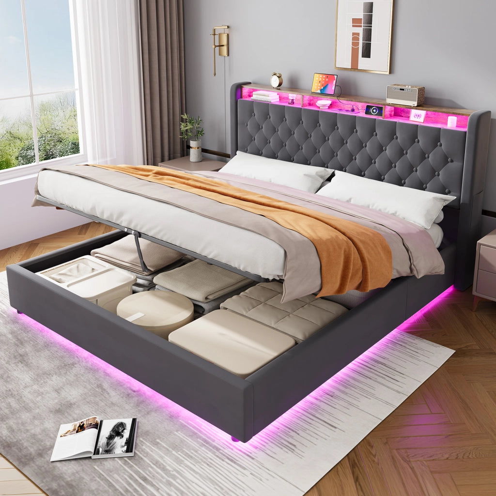 LETTO Imbottito 180 x 200 cm in Velluto Grigio Scuro con Contenitore