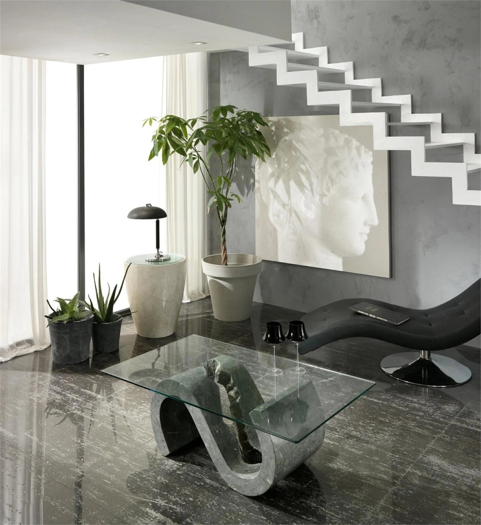 Flexus Tavolino Rettangolare con Base in Pietra Fossile Gray Stone e Top in Vetro Temperato Trasparente - Design Moderno Esclusivo