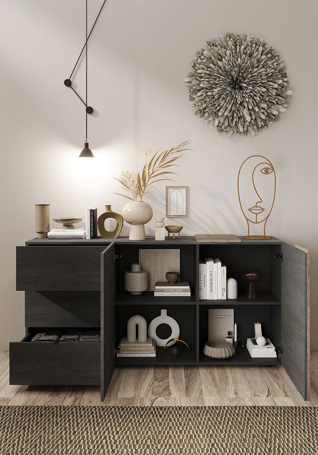 Madia Design Moderno 2 Ante 3 Cassetti Venus 181x44x84 cm Titanio E Rovere Cadiz