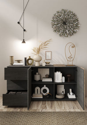 Madia Design Moderno 2 Ante 3 Cassetti Venus 181x44x84 cm Titanio E Rovere Cadiz