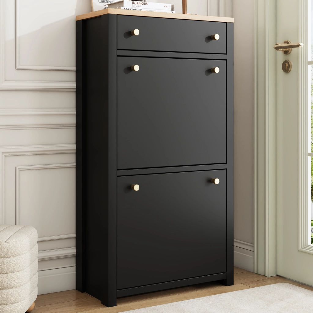 Scarpiera con 2 ante a ribalta; 1 cassetto e ripiani regolabili per ingresso; MDF; 50×25×95 cm