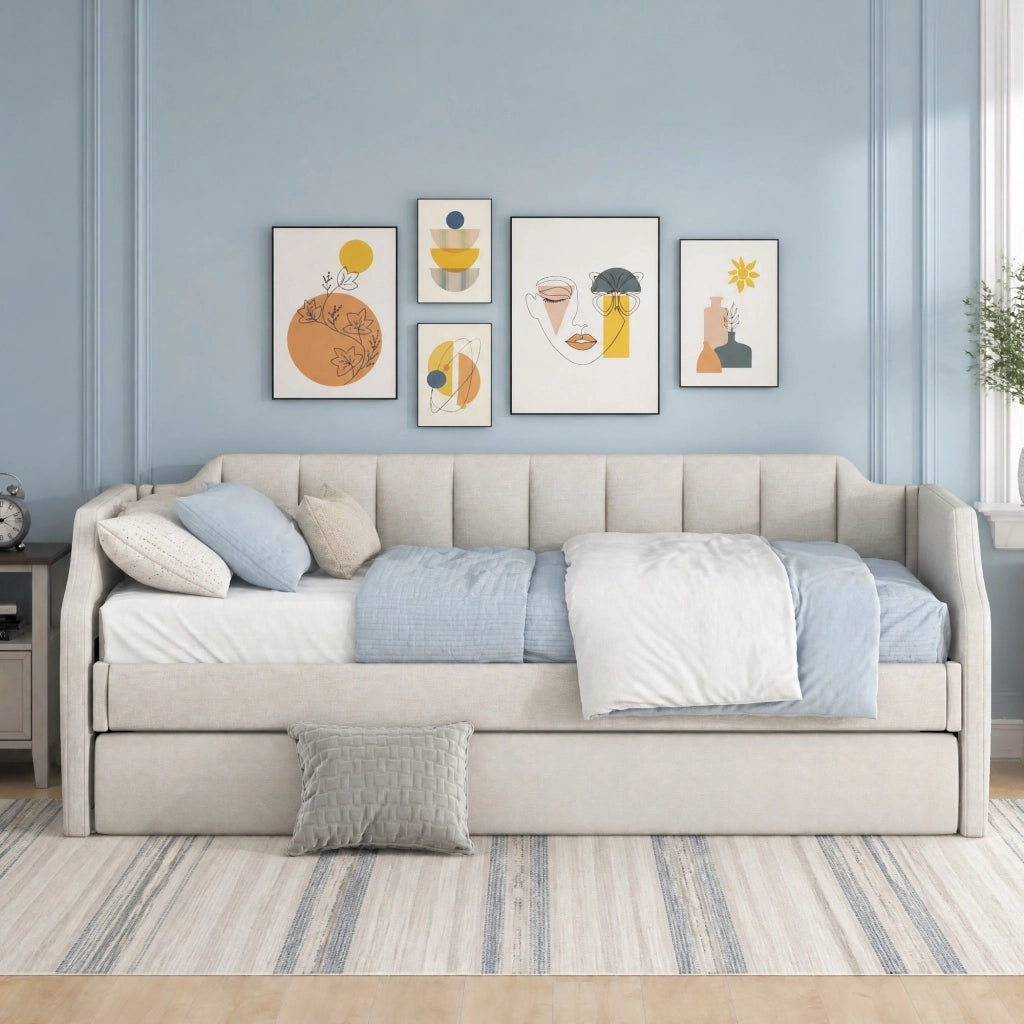 Letto daybed imbottito con letto estraibile, beige, 90 x 200 cm