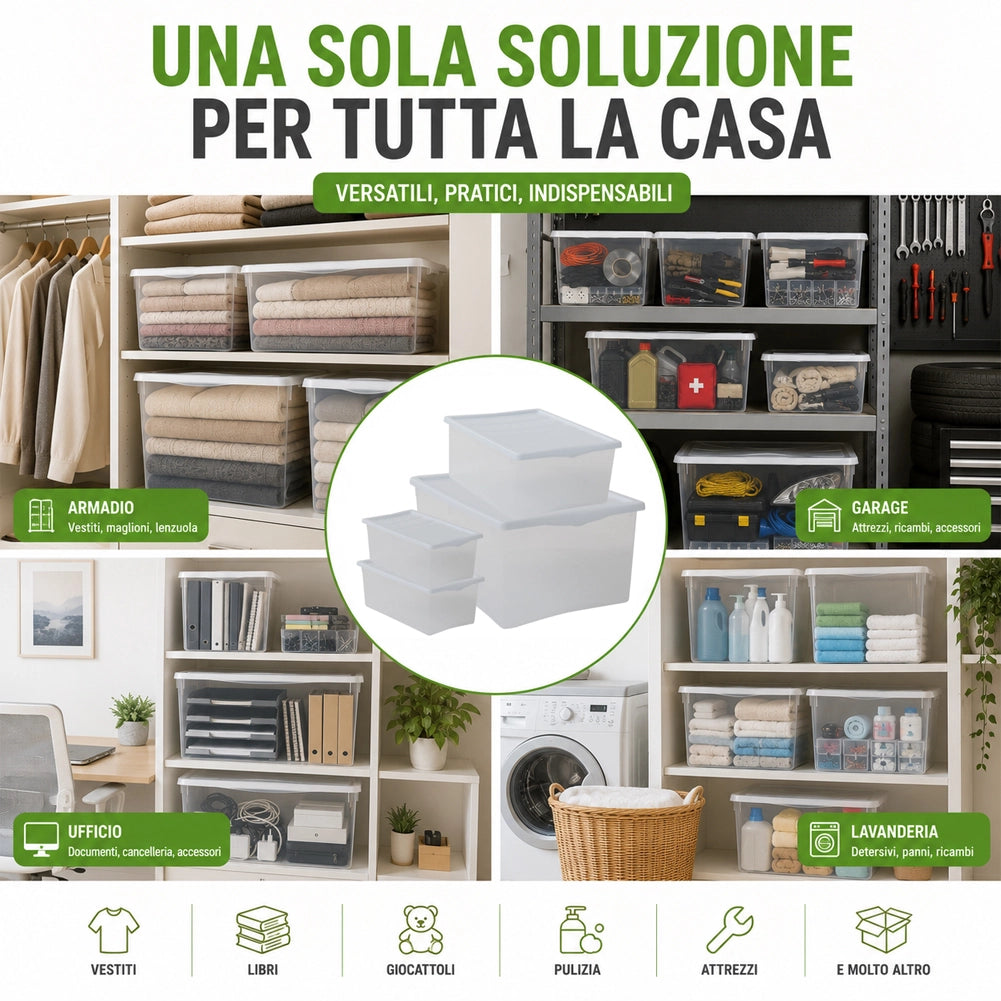 Set 4 Pezzi Contenitori con Coperchio Spring Box 1L + 1M + 2XS in Plastica Bianco Trasparente