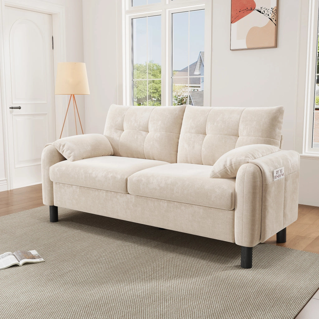 Divano a 2 posti modulare in chenille beige con tasche laterali e 2 cuscini 158 × 80 × 88.5 cm