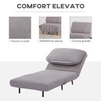 Poltrona Letto 2 in 1 Singola, Schienale Regolabile su 3 Livelli e Imbottito, Struttura in Legno e Acciaio