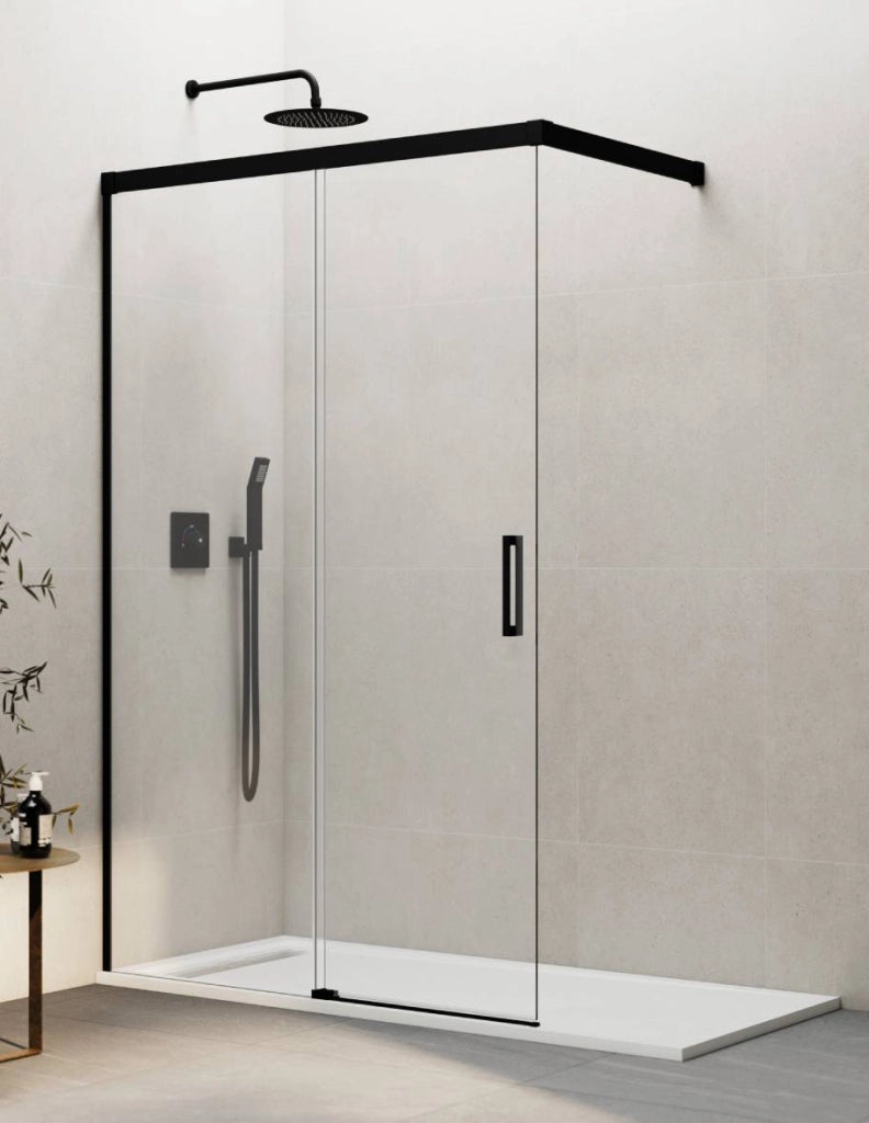 Porta doccia scorrevole 1+1 THALASSA (BASIC) walk-in 90 cm Profilo Nero vetro trasparente