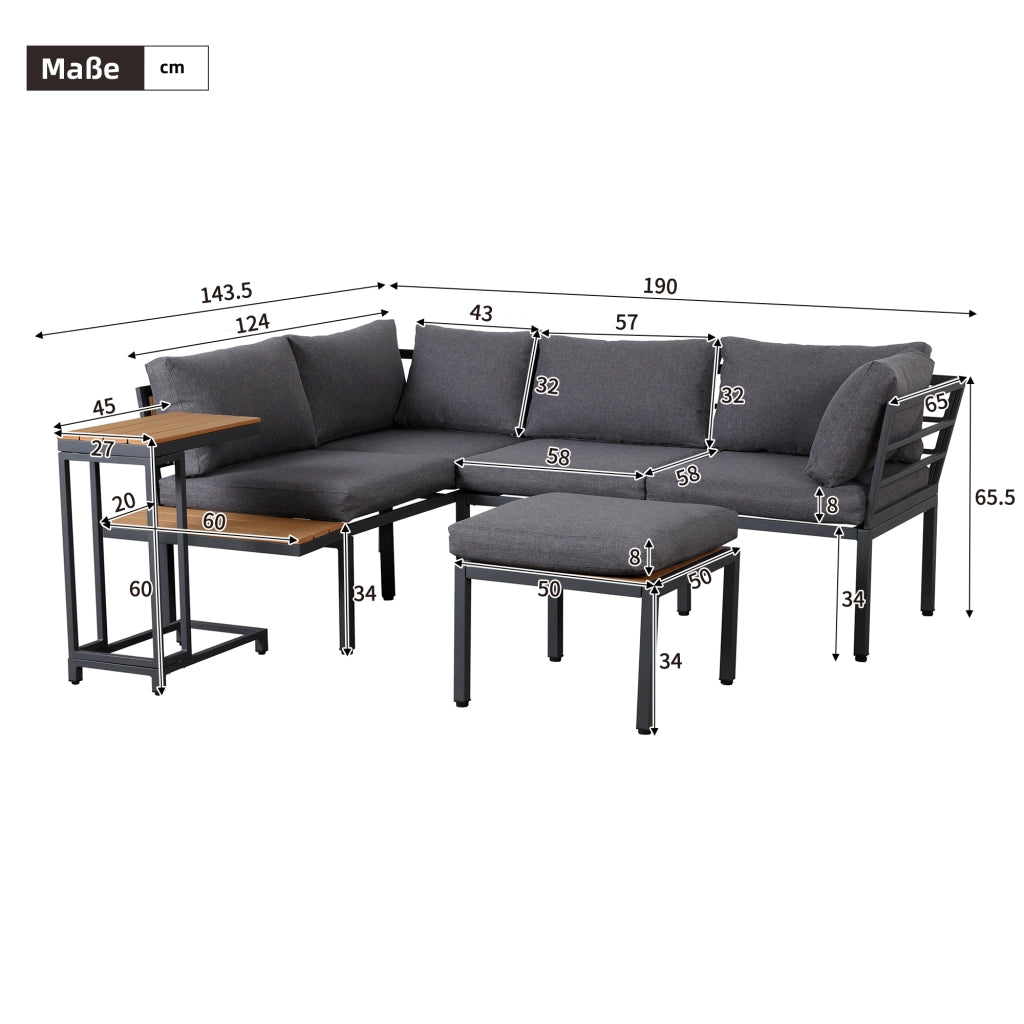Salotto da Giardino con Divano Angolare; Tavolino Laterale e Tavolino da Caffè; Acciaio e Poliestere; Grigio e Nero