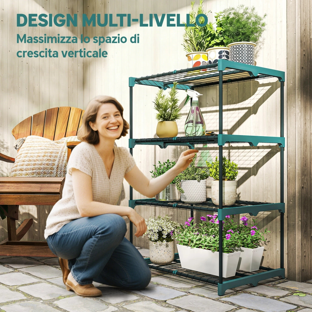 Portapiante a 4 Livelli Aperti 67x49x105 cm in Acciaio e Plastica Verde Scuro
