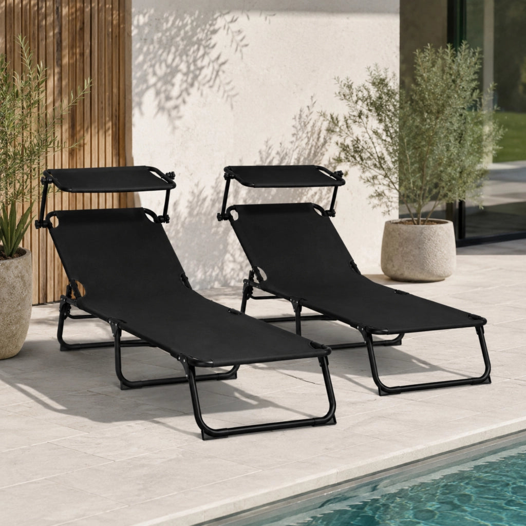Set 2 Lettini Mare Pieghevoli Ideali Per Spiaggia Giardino Campeggio Relax Estivo Con Tettuccio Parasole Regolabile Schienale Reclinabile Sdraio Struttura In Acciaio Traspirante 24 x 187 x 53 Cm Nero
