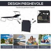 Lettino Prendisole da Giardino Pieghevole e Regolabile con Tettuccio in Tessuto Nero, 187x58x50 cm
