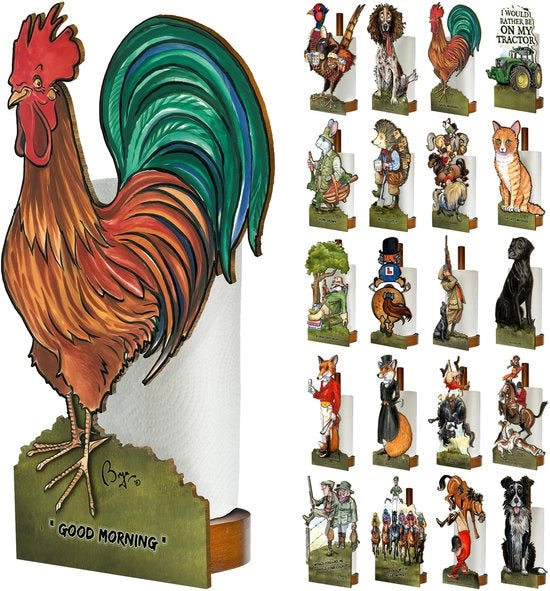 Sistema di appoggio per carta igienica e asciugamani, standard in legno, decorazione e accessori per cucina e bagno, stendardo a forma di gallina, un mix di decorazione rurale e funzionalità.
