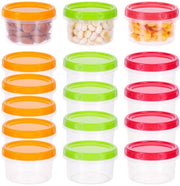 Collezione di 16 piccoli contenitori in plastica con coperchio, 250 ml, contenitori per snack riciclabili, contenitori in plastica impermeabili con tappo a vite per pranzo, yogurto, frutta (3 colori)