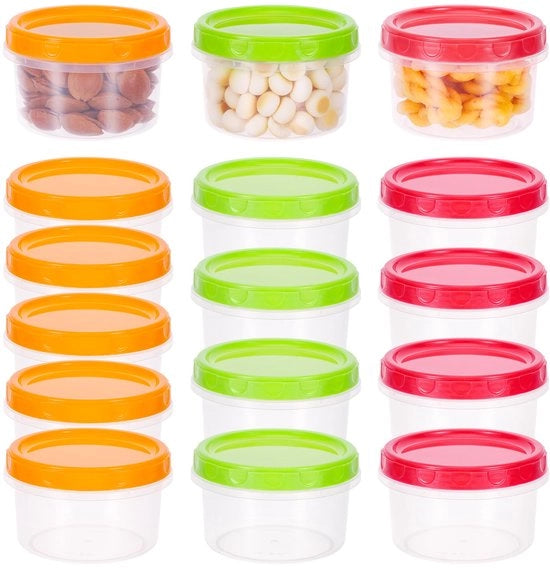 Collezione di 16 piccoli contenitori in plastica con coperchio, 250 ml, contenitori per snack riciclabili, contenitori in plastica impermeabili con tappo a vite per pranzo, yogurto, frutta (3 colori)