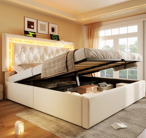 LETTO Contenitore 160x200 cm in velluto beige con materasso, LED, USB e Type-C