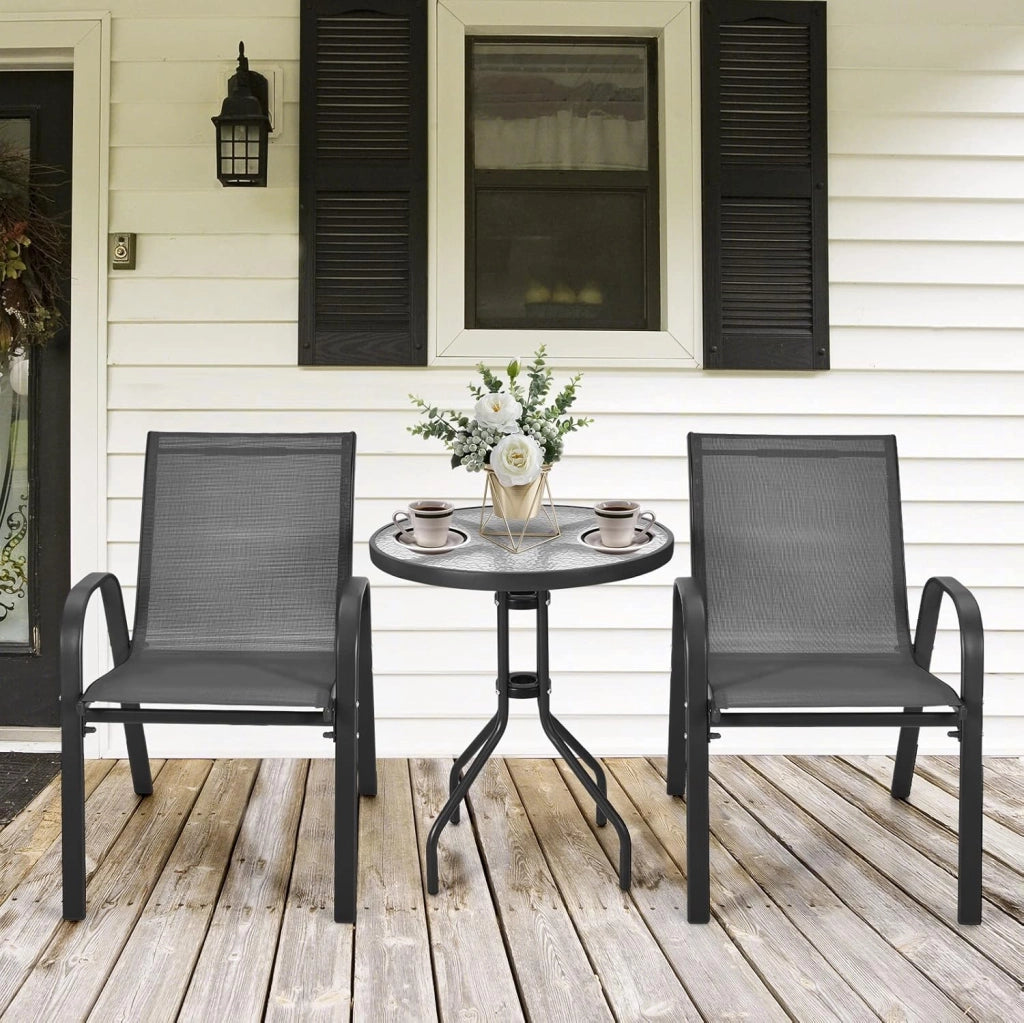 Set di 2 Sedie da Giardino con Tavolo in Vetro, Schienale Alto e Seduta Larga, Telaio in Acciaio Verniciato a Polvere, Tessuto Textilene Traspirante, per Balcone e Esterno (Nero)