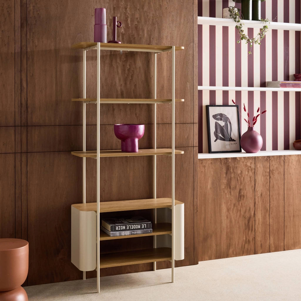 Libreria in metallo curvato e legno a 6 livelli, beige