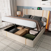 Letto matrimoniale imbottito 180x200 cm con LED RGB, porte USB e Type-C, contenitore rialzabile, beige
