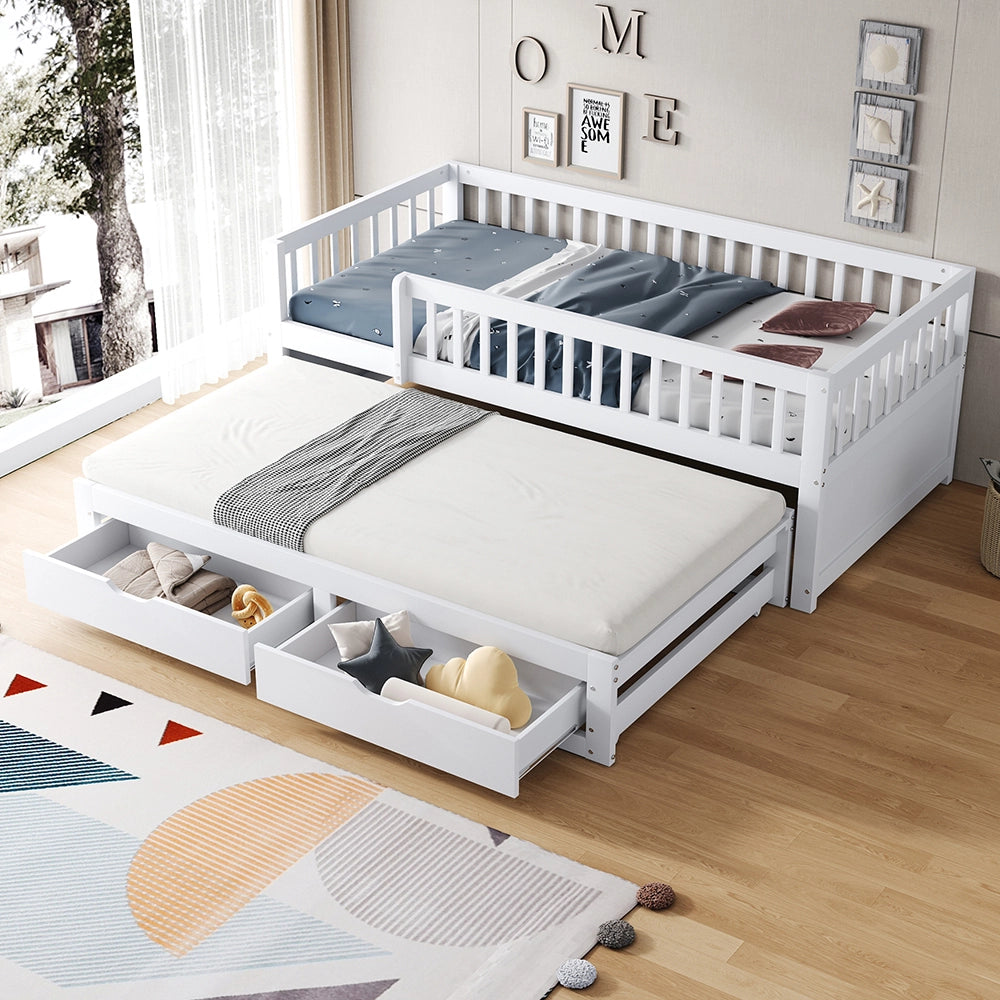 Divano letto-Xylo-90x200 cm-barriera, 2 cassetti, pino bianco