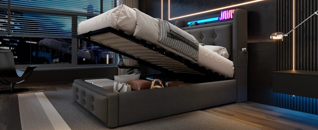 DESMIU Letto contenitore letto singolo 90 × 200 cm con LED, USB, Tipo C e presa, senza materasso grigio