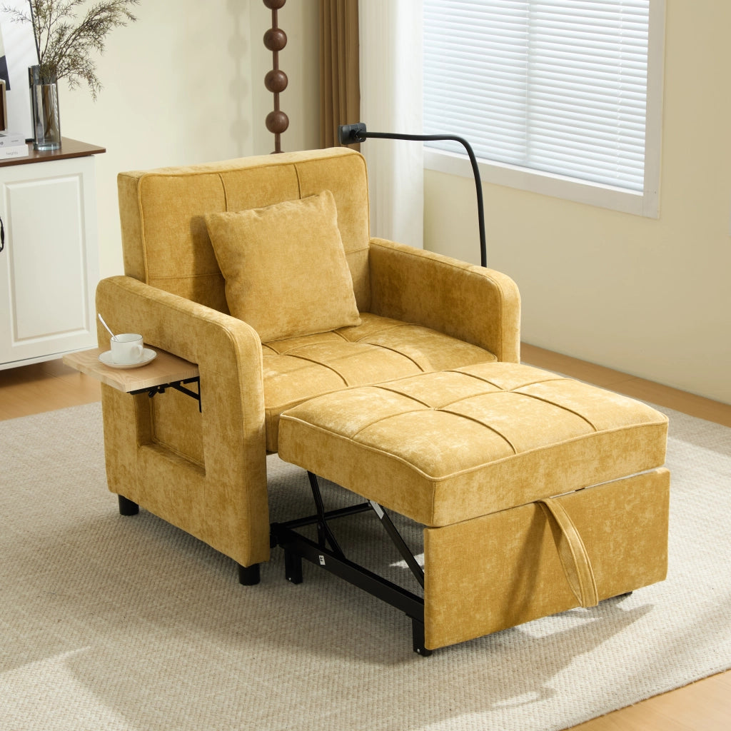 Poltrona letto convertibile in chenille con schienale reclinabile a 5 posizioni tasche laterali vassoio giallo senape