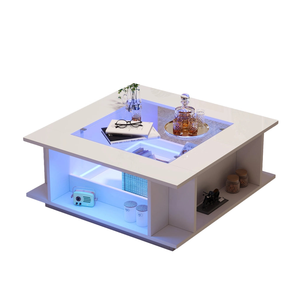 Tavolino da caffè 70x70x30 cm con illuminazione LED; piano in vetro e finitura lucida; truciolare bianco